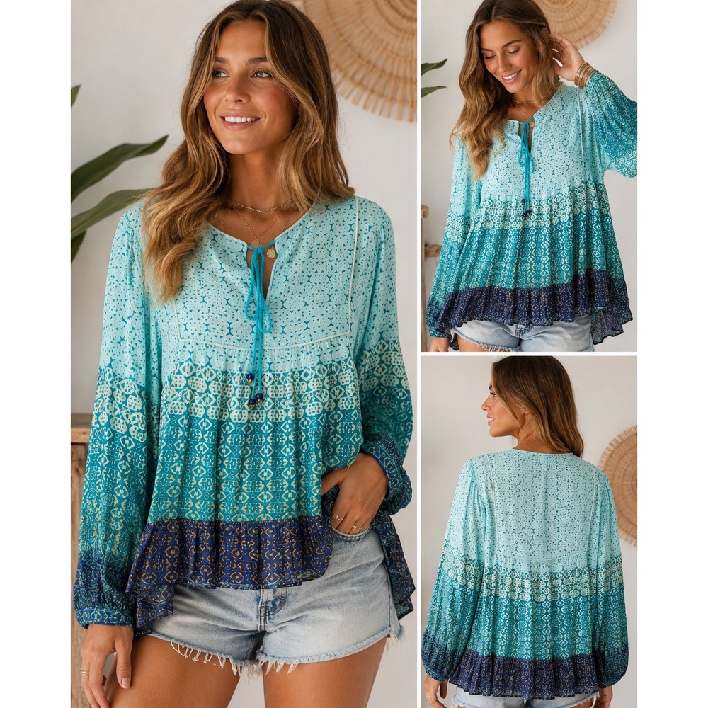 Raga LA Boho Peplum Top Medium Blue Paisley Cotton Babydoll Festival